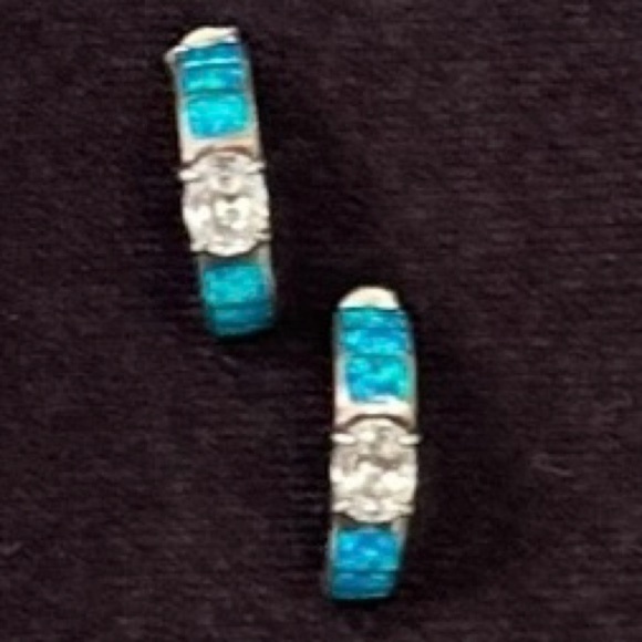 Vintage Jewelry - Vtg half hoop turquoise opal, crystal & 925 Sterling silver pierced earrings
